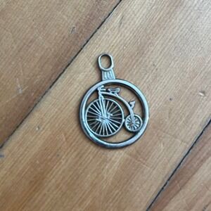 Vintage Penny Farthing High Wheel Bicycle Pendant Silver Tone Round Charm